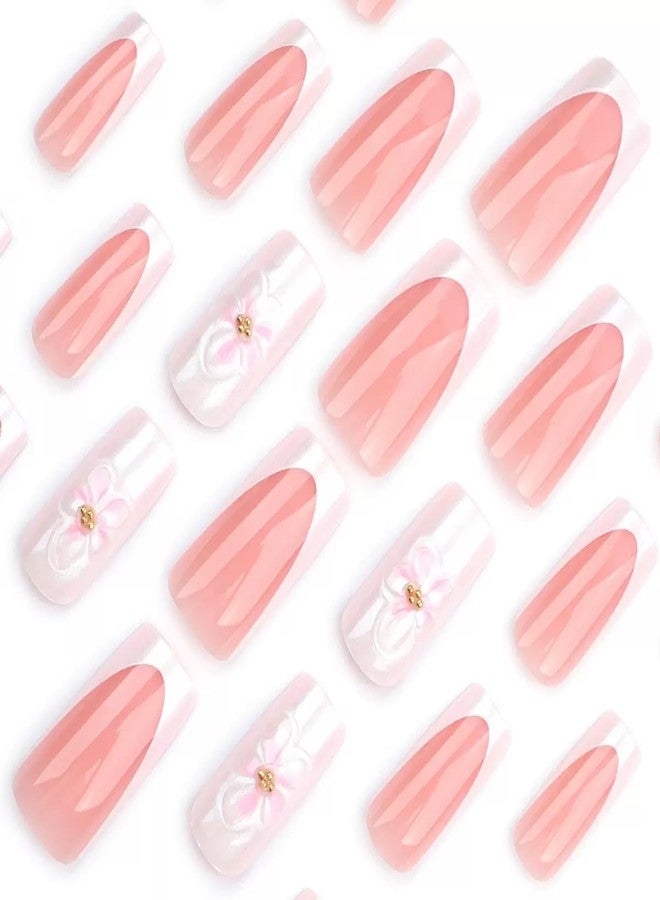CTTHNBD Press on Nails Medium Square Fake Nails French Tip False Nails with 3D Pink Flower Design Glossy Glue on Nails Ombre Acrylic Nails Full Cover Stick on Nails for Women Spring Manicure 24Pcs - Image 2